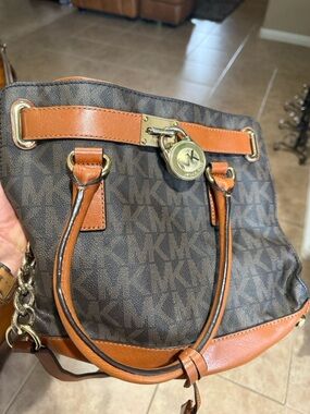 Michael Kors Brown and Tan MK Logo Satchel